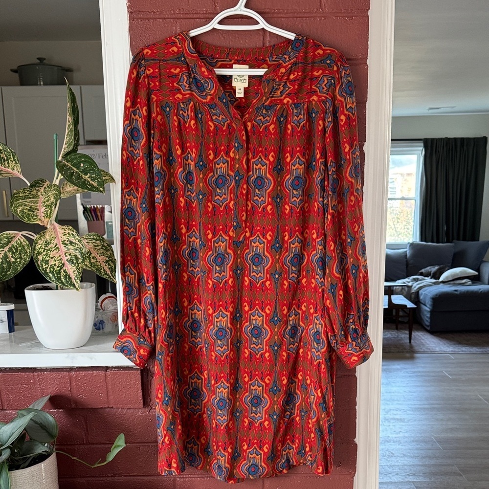 TINY Anthropologie Red and Blue Geometric Patterned Long Sleeve Dress M